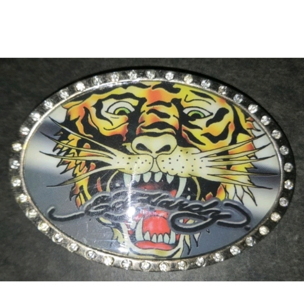 Ed Hardy Roaring Tiger Head Rhinestone Jewel BELT BUCKLE 4" Wide Fits 1.5" Belt